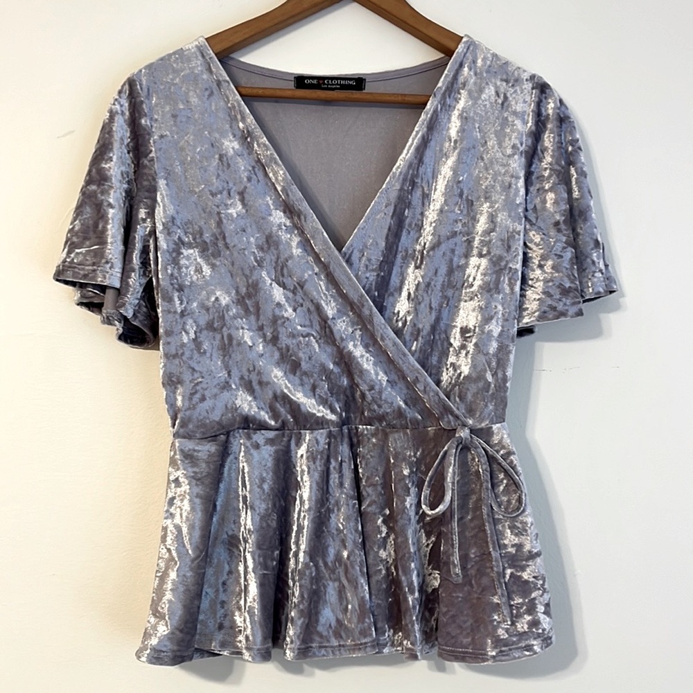 one clothing velvet faux wrap peplum top